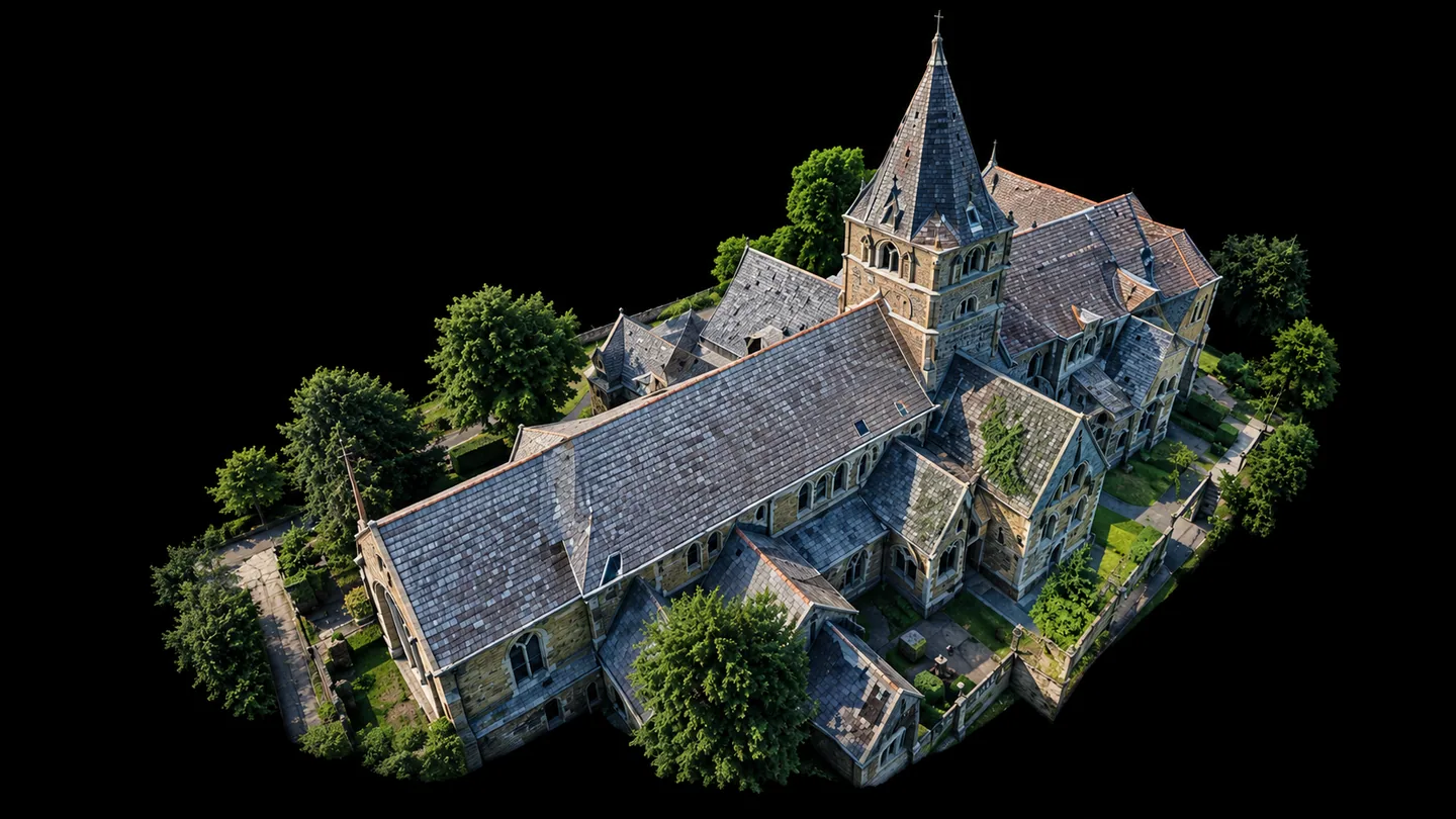 Textured 3D photogrammetry model of a stone church with a slate roof, spire and surrounding trees, shown isolated on a black background