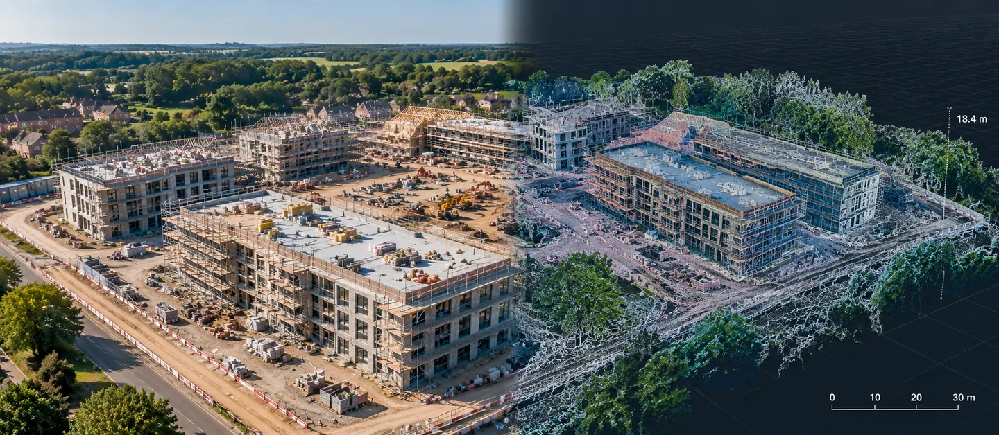 Aerial drone view of a residential construction site with scaffolded apartment blocks, blending on the right into a 3D point-cloud model of the same site with a height marker and scale bar