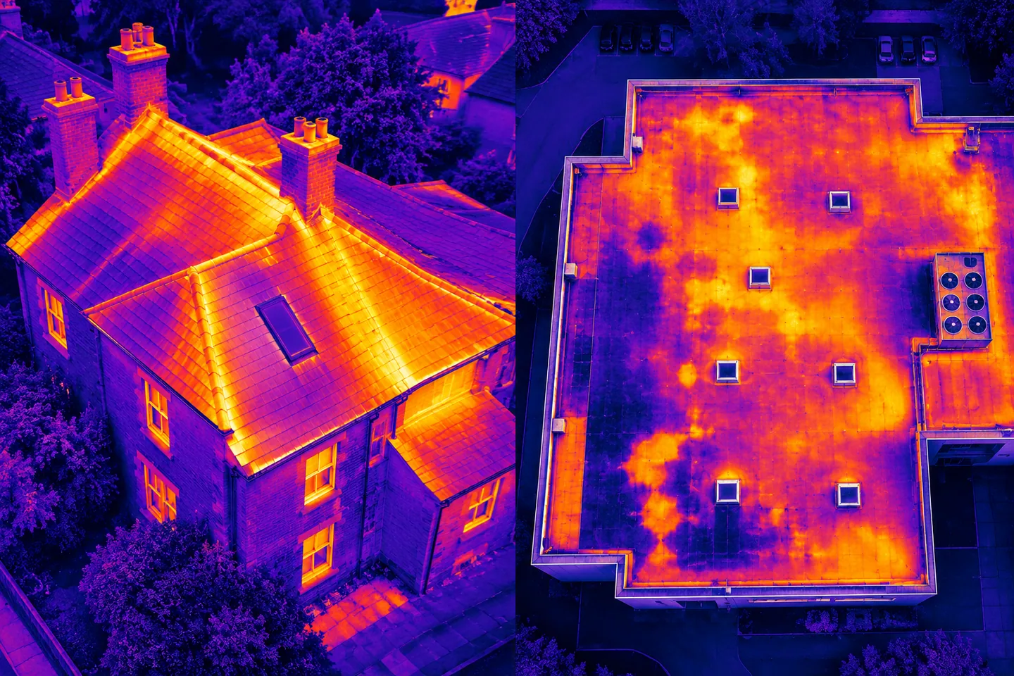 Two thermal drone images: a pitched-roof house with warm roof slopes and windows, and a large flat roof showing irregular warm and cool patches
